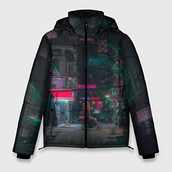 Куртка зимняя мужская Неоновый мрачный город - Тёмно-зелёный, цвет: 3D-светло-серый