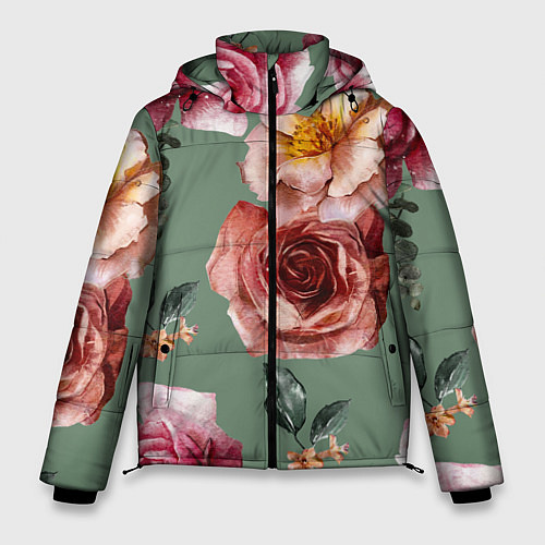 Мужская зимняя куртка Цветы Нарисованные Розы и Пионы / 3D-Красный – фото 1