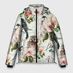 Куртка зимняя мужская Цветы Нарисованные Магнолии и Птицы, цвет: 3D-светло-серый
