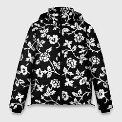 Куртка зимняя мужская Белые цветы на чёрном фоне Белые цветы на чёрном ф, цвет: 3D-красный
