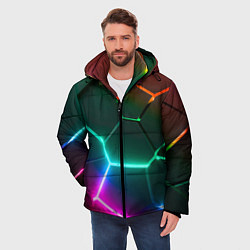 Куртка зимняя мужская Радужный градиент неоновые геометрические плиты, цвет: 3D-черный — фото 2
