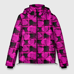 Куртка зимняя мужская Black and pink hearts pattern on checkered, цвет: 3D-красный
