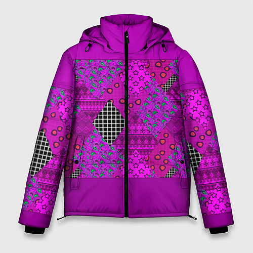 Мужская зимняя куртка Малиновый комбинированный узор пэчворк / 3D-Светло-серый – фото 1