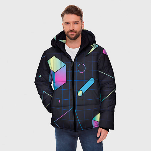 Мужская зимняя куртка Геометрические фигуры на темном фоне / 3D-Светло-серый – фото 3