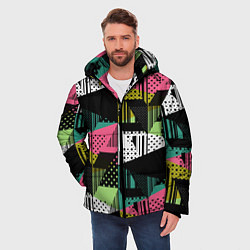 Куртка зимняя мужская Черный горошек и полосы на ярком геометрическом фо, цвет: 3D-черный — фото 2