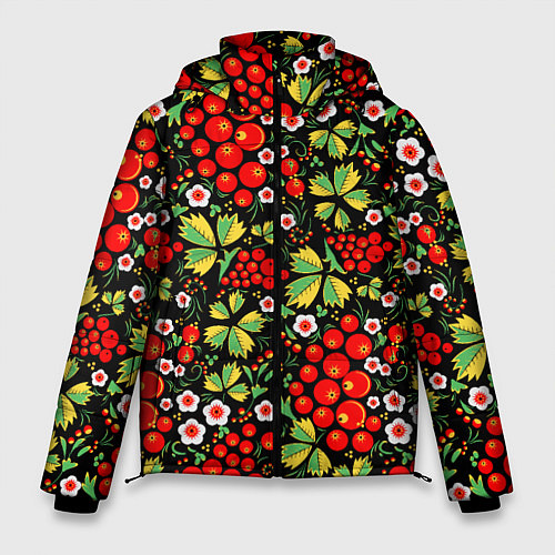 Мужская зимняя куртка Русские узоры - цветы и ягоды / 3D-Черный – фото 1