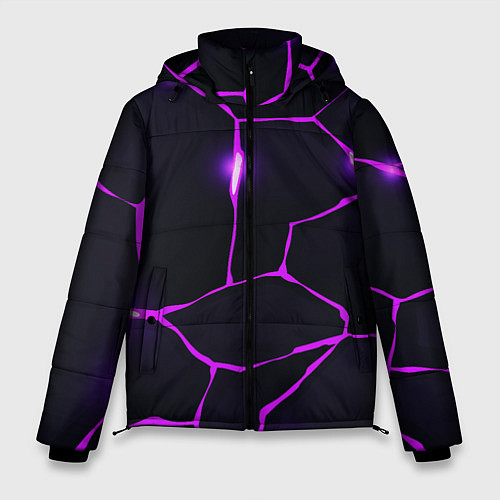 Мужская зимняя куртка Фиолетовые неоновые трещины / 3D-Черный – фото 1