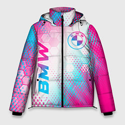 Куртка зимняя мужская BMW neon gradient style: надпись, символ, цвет: 3D-черный
