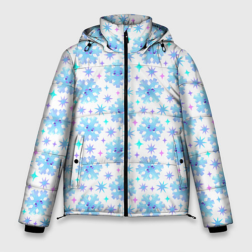 Мужская зимняя куртка Снежинки с цветными звездами на белом фоне / 3D-Черный – фото 1