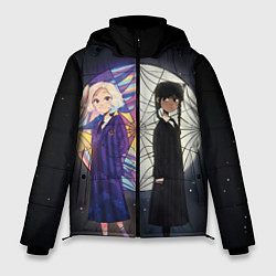 Куртка зимняя мужская Энид и Уэнсдэй на фоне окна, цвет: 3D-черный