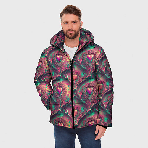 Мужская зимняя куртка Паттерн сердца и узоры / 3D-Светло-серый – фото 3