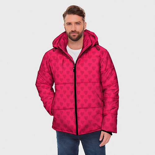Мужская зимняя куртка Красный паттерн с мелкими сердечками / 3D-Светло-серый – фото 3
