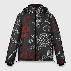 Куртка зимняя мужская Летающие сердца купидоны розы на черном фоне, цвет: 3D-светло-серый