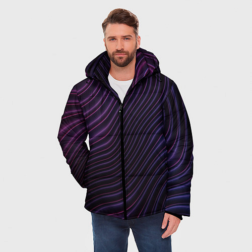 Мужская зимняя куртка Фиолетово-синяя волнообразная абстракция / 3D-Светло-серый – фото 3
