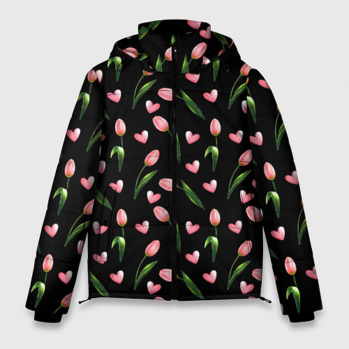 Мужская зимняя куртка Тюльпаны и сердечки на черном - паттерн / 3D-Черный – фото 1