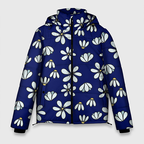 Мужская зимняя куртка Дудл ромашки на синем фоне - паттерн / 3D-Черный – фото 1