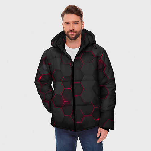 Мужская зимняя куртка Соты с красным свечением / 3D-Светло-серый – фото 3