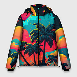 Куртка зимняя мужская Неоновые пальмы на закате, цвет: 3D-светло-серый