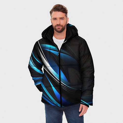 Мужская зимняя куртка Абстрактные синие и белые линии на черном фоне / 3D-Светло-серый – фото 3