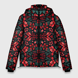 Куртка зимняя мужская Растительный узор из красных цветов, цвет: 3D-черный