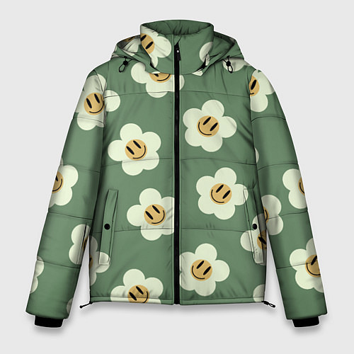 Мужская зимняя куртка Цветочки-смайлики: темно-зеленый паттерн / 3D-Черный – фото 1