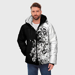 Куртка зимняя мужская Черно-белые цветы и колибри, цвет: 3D-светло-серый — фото 2