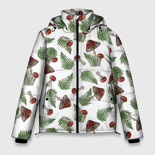 Мужская зимняя куртка Мухоморы и папоротник на белом - паттерн / 3D-Черный – фото 1