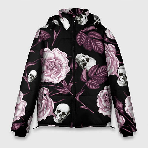 Мужская зимняя куртка Розовые цветы с черепами / 3D-Черный – фото 1
