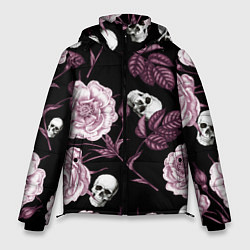 Куртка зимняя мужская Розовые цветы с черепами, цвет: 3D-черный