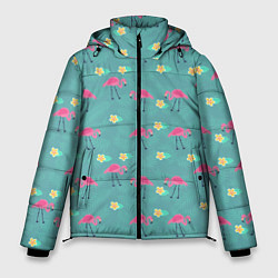Куртка зимняя мужская Летний паттерн с фламинго, цвет: 3D-черный