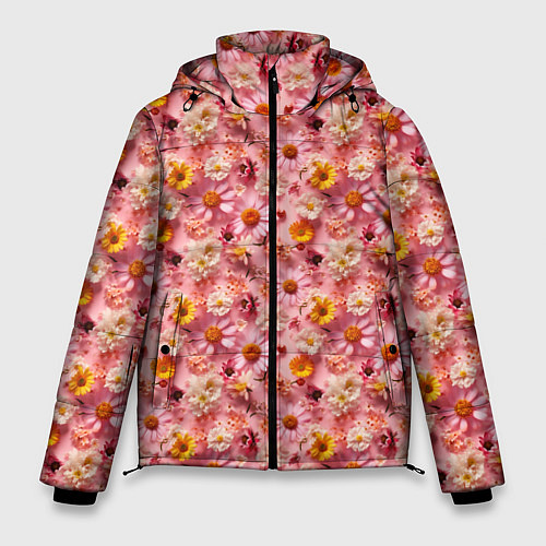 Мужская зимняя куртка Желтые белые и розовые цветы / 3D-Черный – фото 1