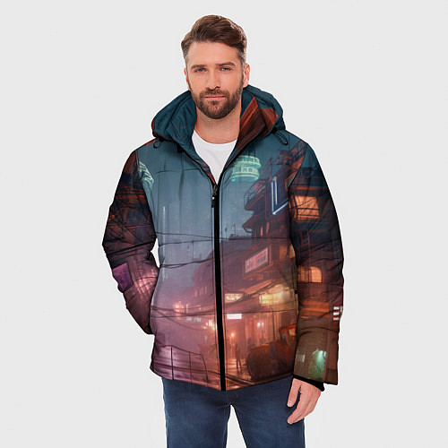 Мужская зимняя куртка Киберпанк город будущего / 3D-Светло-серый – фото 3