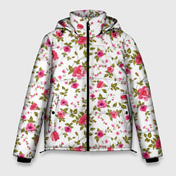 Куртка зимняя мужская Розовые цветы на белом фоне, цвет: 3D-черный