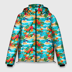 Куртка зимняя мужская Гавайский стиль море и цветы, цвет: 3D-черный
