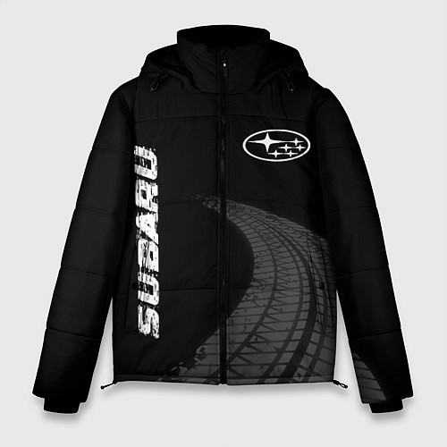 Мужская зимняя куртка Subaru speed на темном фоне со следами шин: надпис / 3D-Черный – фото 1