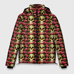 Куртка зимняя мужская Черепа с розовыми цветами, цвет: 3D-красный