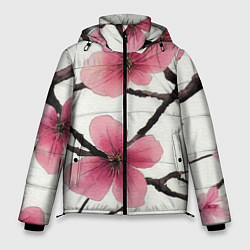 Куртка зимняя мужская Цветы и ветви японской сакуры - текстура холста, цвет: 3D-красный
