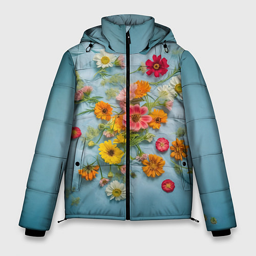 Мужская зимняя куртка Букет полевых цветов на ткани / 3D-Черный – фото 1