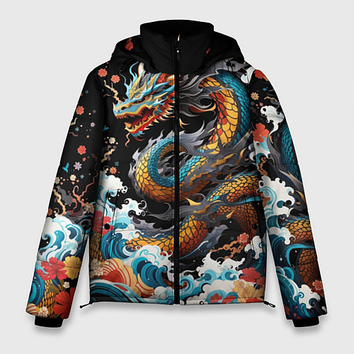 Мужская зимняя куртка Дракон на волнах в японском стиле арт / 3D-Черный – фото 1