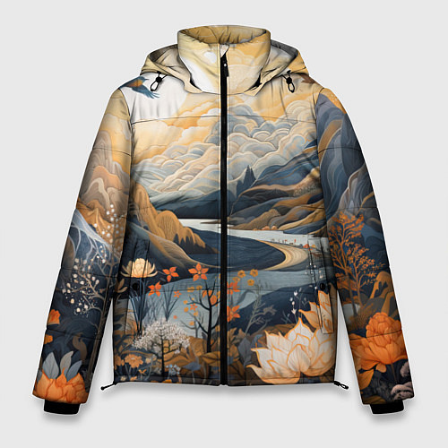 Мужская зимняя куртка Солнечное утро в цветущих горах / 3D-Красный – фото 1