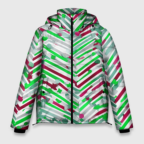 Мужская зимняя куртка Новогодние линии зелёный и красный / 3D-Красный – фото 1