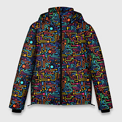 Куртка зимняя мужская Абстрактные разноцветные линии на черном фоне, цвет: 3D-красный