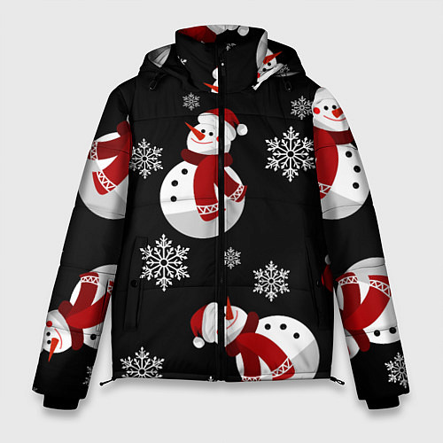Мужская зимняя куртка Снеговички в зимних шапочках со снежинками / 3D-Красный – фото 1