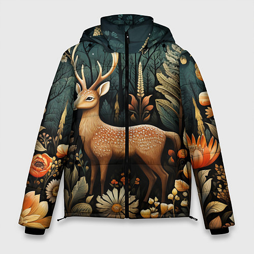 Мужская зимняя куртка Лесной олень в стиле фолк-арт / 3D-Черный – фото 1