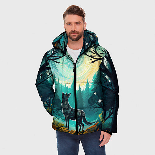 Мужская зимняя куртка Волк в ночном лесу фолк-арт / 3D-Светло-серый – фото 3