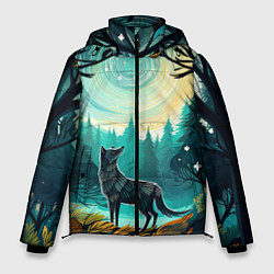 Мужская зимняя куртка Волк в ночном лесу фолк-арт