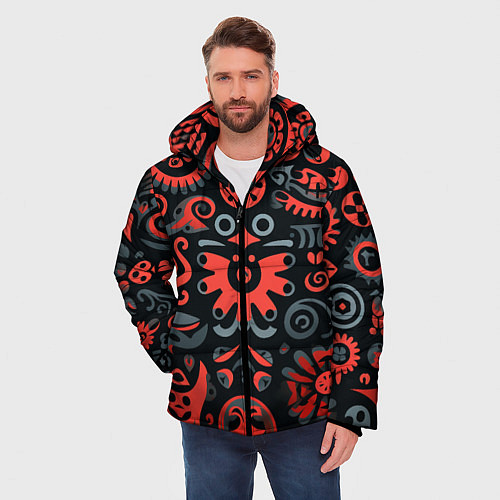 Мужская зимняя куртка Красно-черный узор в славянском стиле / 3D-Светло-серый – фото 3