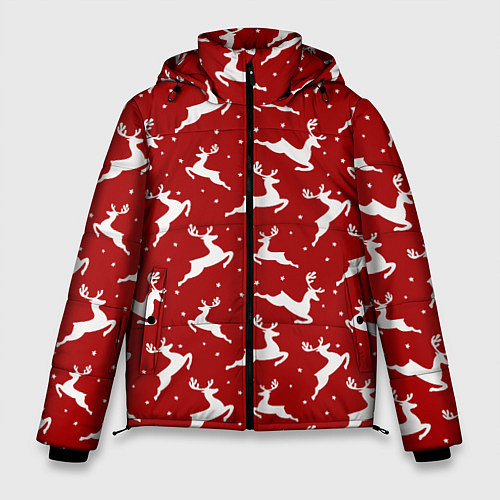 Мужская зимняя куртка Красный паттерн с новогодними оленями / 3D-Черный – фото 1