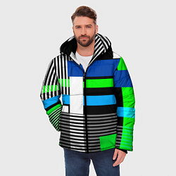 Куртка зимняя мужская Геометрический узор сине -зеленый в стиле пэчворк, цвет: 3D-красный — фото 2