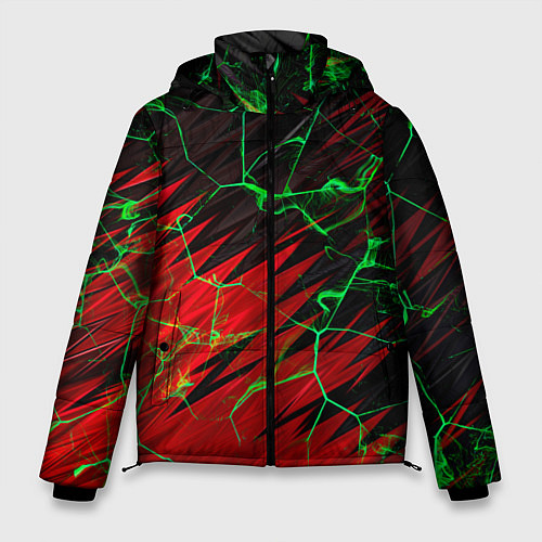 Мужская зимняя куртка Зелёные трещины узоры / 3D-Черный – фото 1